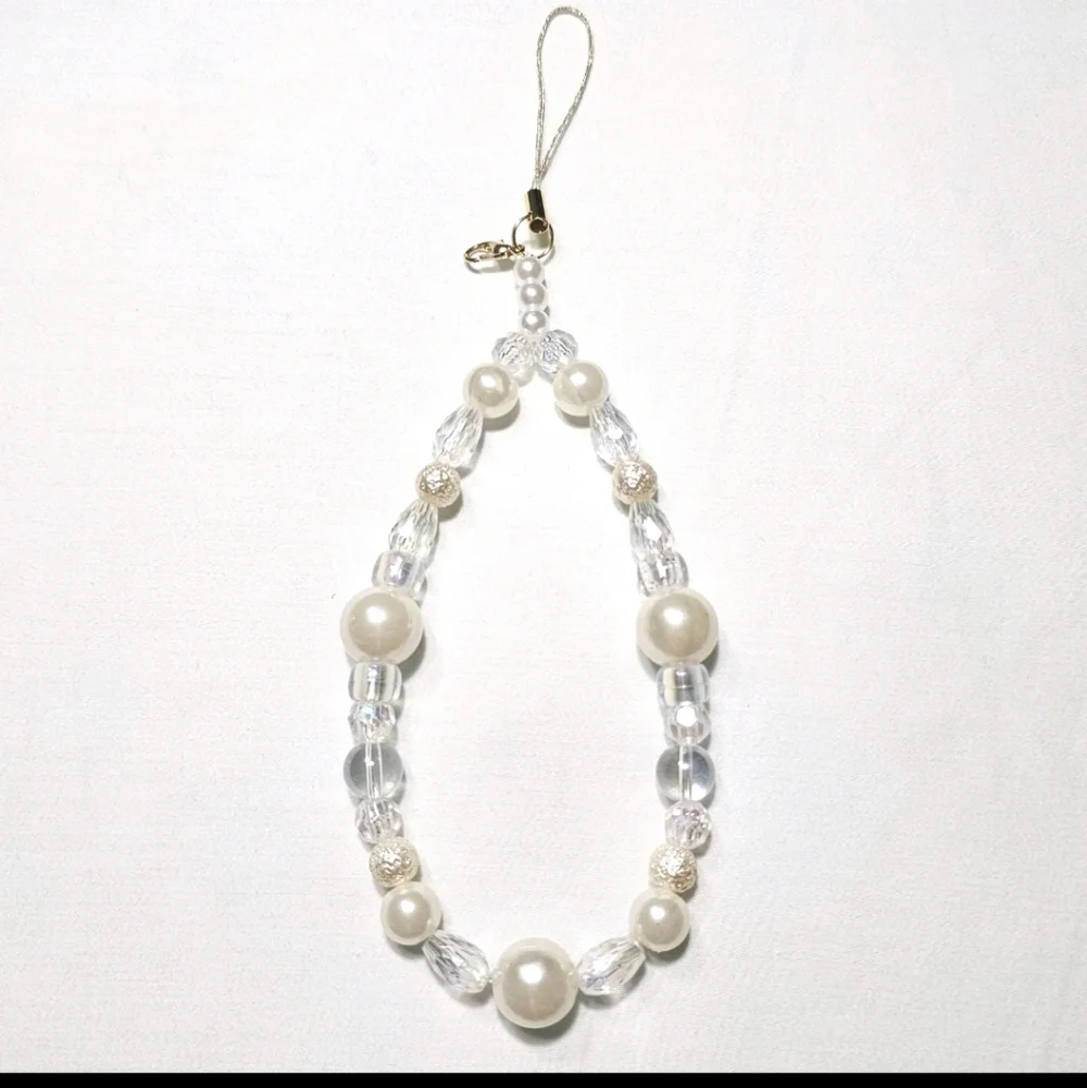 Faux Pearl and White Iridescent Girly Dainty Beaded Phone Charm Wrist Strap